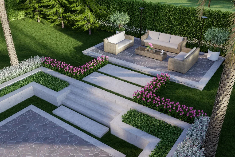 עיצוב גינות במרכז גינה מודרנית לבית פרטי