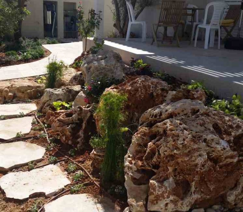 גינת יוקרה בשילוב אבנים וצמחייה